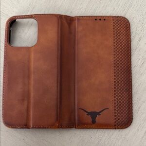 Brown Leather Phone Case with Longhorn Logo for iPhone 13 Pro.